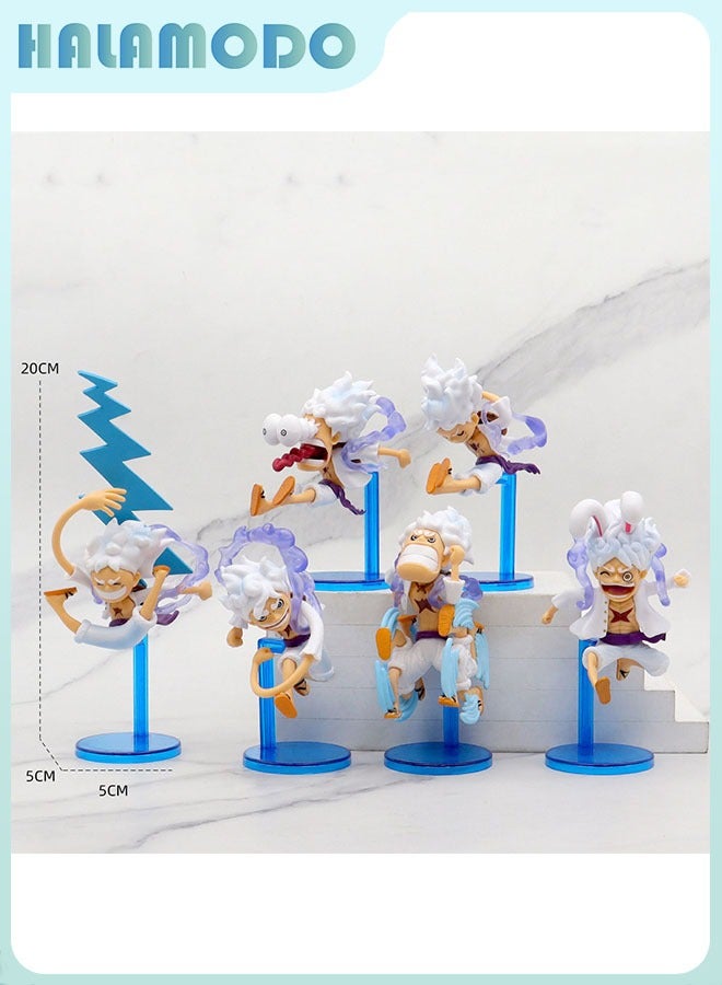 HALAMODO One Piece 6 Piece Q Version Gear 5 Sun God Nika Luffy with Blue Base Anime Figure Desktop & Car Decoration Gift - Image 2