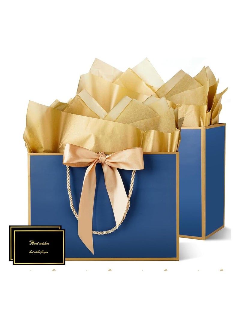 DELGREEN 2 Pcs Blue Large Gift Bags, Paper Bags with Ribbon, Greeting Cards and Tissue Paper, Portable Party Bags with Handles, Birthday Gift Bags, Present Bags for Wedding Party, Party Supplies  - Image 1