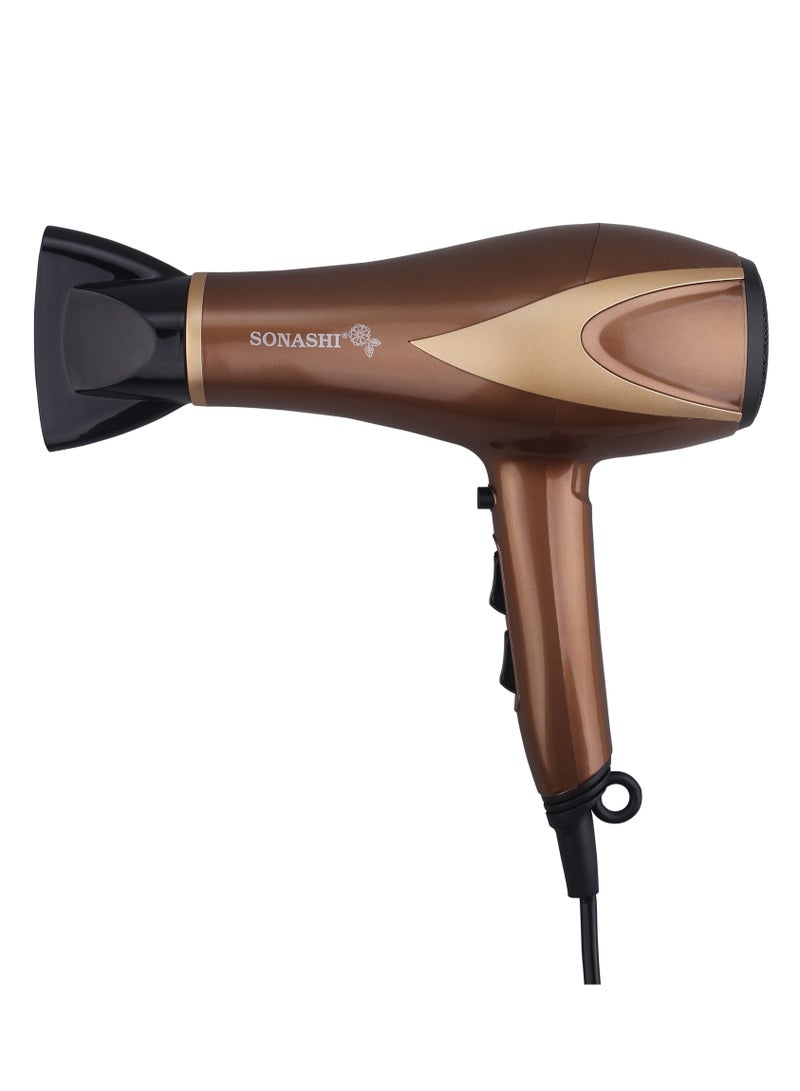 SONASHI Hair Dryer  Cold And Hot Wind DC Motor  2 Speed And Heat Settings With Overheat Protection Featured With Cool Shot Function And HangUp Hook Fast Hair Dryer With Ionic Conditioning  SHD-5006 Brown/Gold - Image 2