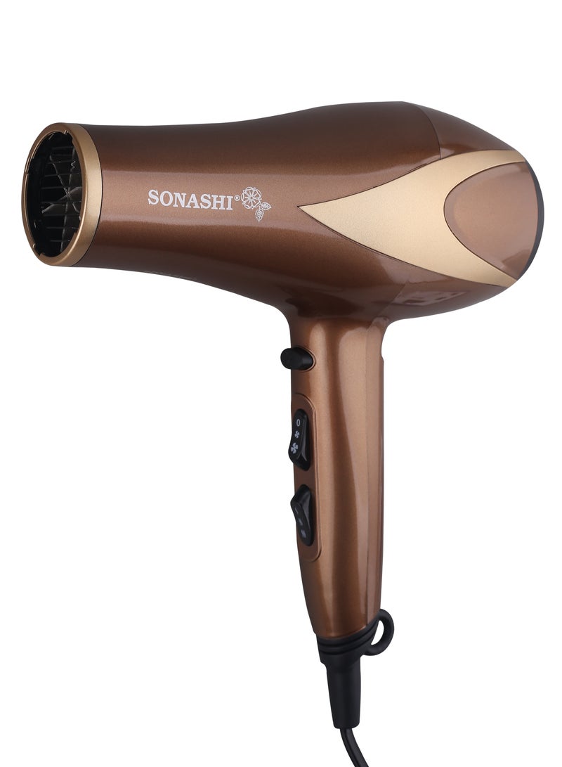 SONASHI Hair Dryer  Cold And Hot Wind DC Motor  2 Speed And Heat Settings With Overheat Protection Featured With Cool Shot Function And HangUp Hook Fast Hair Dryer With Ionic Conditioning  SHD-5006 Brown/Gold - Image 3