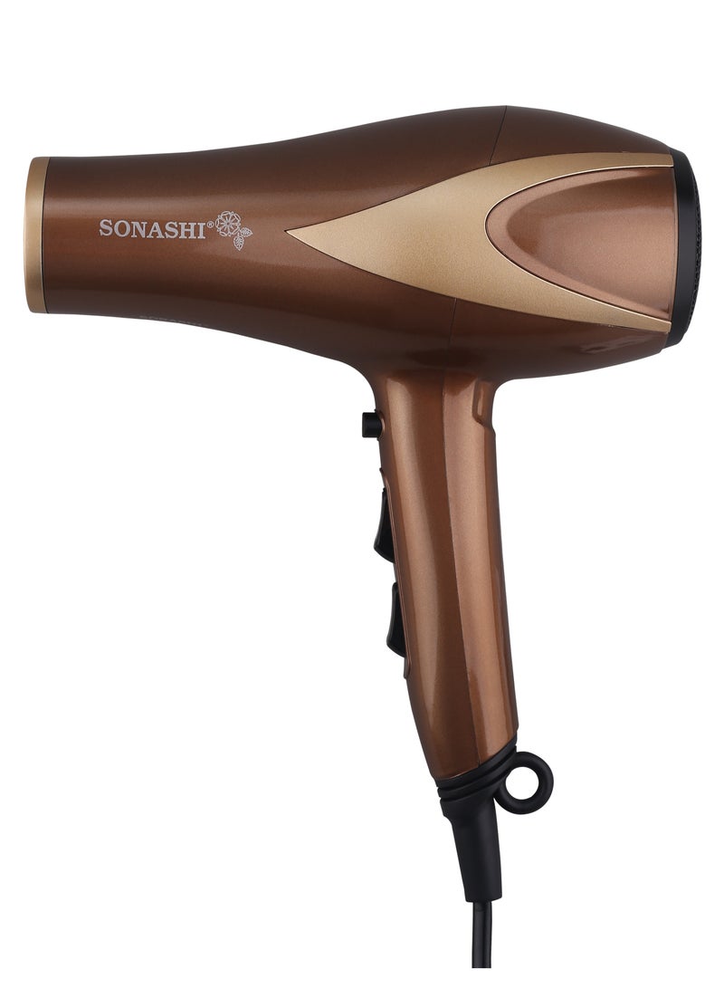 SONASHI Hair Dryer  Cold And Hot Wind DC Motor  2 Speed And Heat Settings With Overheat Protection Featured With Cool Shot Function And HangUp Hook Fast Hair Dryer With Ionic Conditioning  SHD-5006 Brown/Gold - Image 4