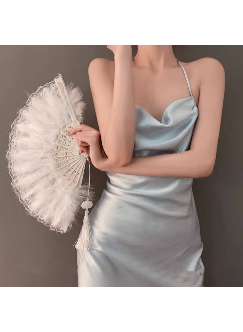 Generic Vintage Feather Fan Chinese Style Black Lace White Feather Fan (single-sided feather) 