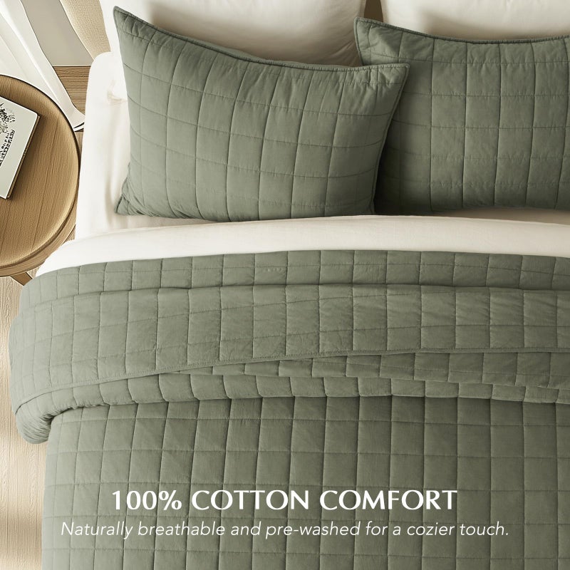 EVERGRACEHOME 100% Cotton Box Stitch Quilt Bedding Set Queen Size 3 Pieces, Garment-Washed Lightweight Soft Cozy Coverlet, Quilted Bedspread Sets with 2 Shams for All Season, Olive Green - Image 2
