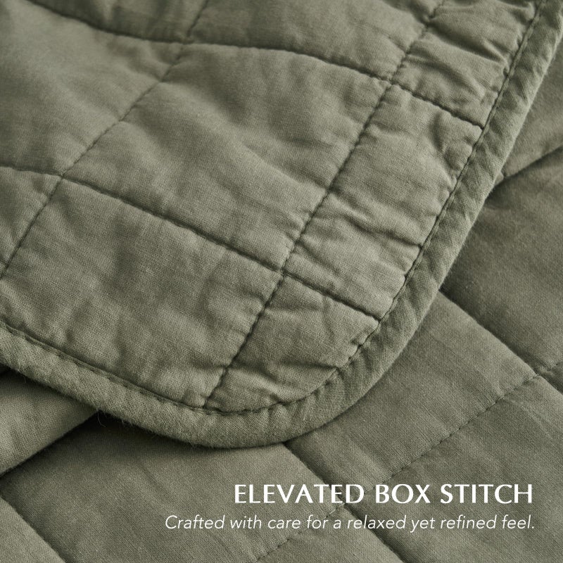 EVERGRACEHOME 100% Cotton Box Stitch Quilt Bedding Set Queen Size 3 Pieces, Garment-Washed Lightweight Soft Cozy Coverlet, Quilted Bedspread Sets with 2 Shams for All Season, Olive Green - Image 3