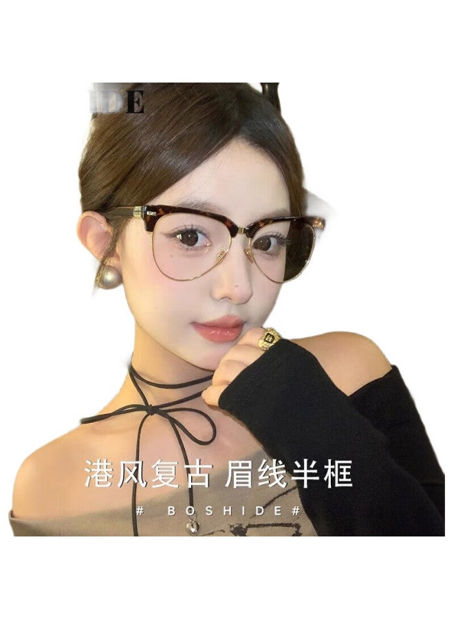 Boshide (Boshide) Myopia Glasses Blue Light Blocking Glasses Korean Retro Half-Frame Leopard Print Cat Eye Glasses Tofu Frame 400 Degrees - Image 1