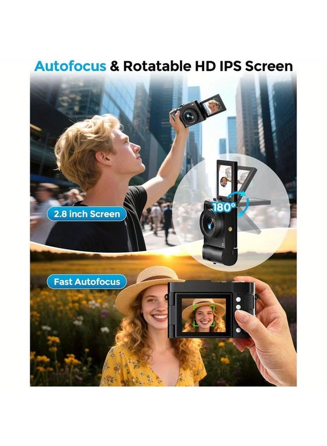 Black 4K Digital Camera 48MP Vlogging Camera with Flip Screen 16x Zoom 32GB SD Card - Image 5