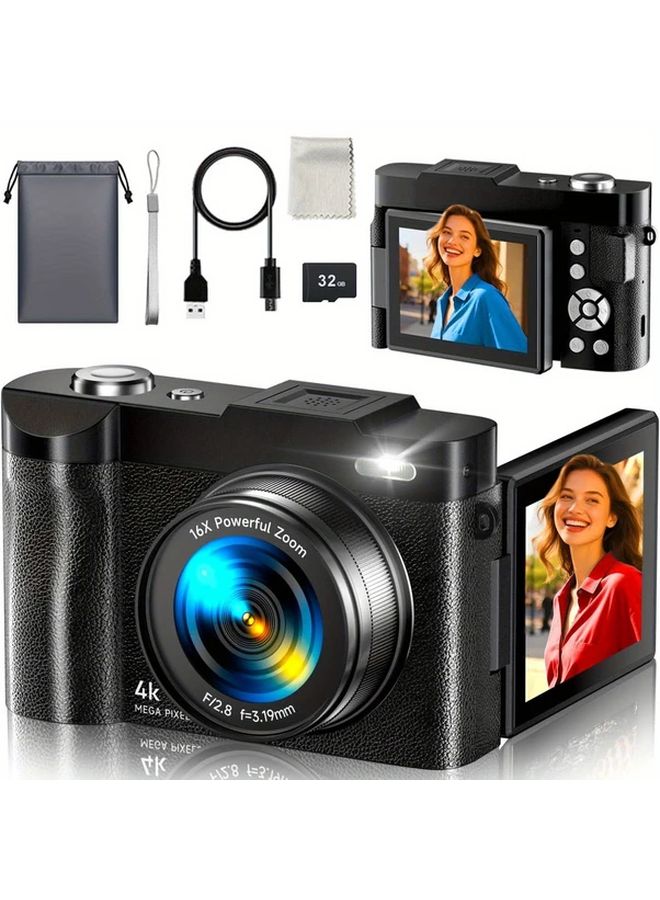 Black 4K Digital Camera 48MP Vlogging Camera with Flip Screen 16x Zoom 32GB SD Card - Image 2