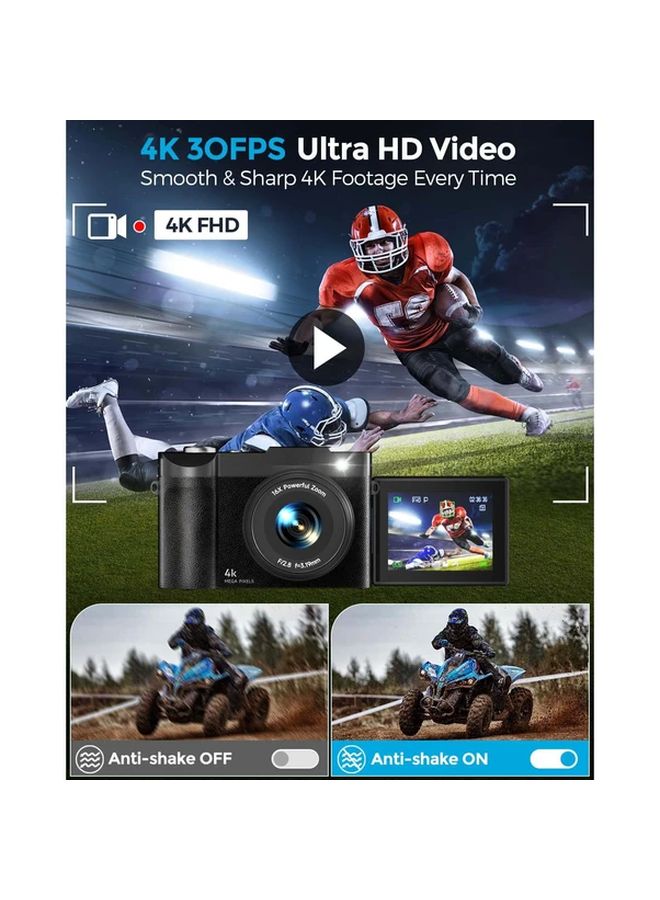 Black 4K Digital Camera 48MP Vlogging Camera with Flip Screen 16x Zoom 32GB SD Card - Image 4