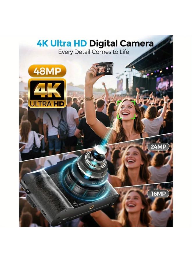 Black 4K Digital Camera 48MP Vlogging Camera with Flip Screen 16x Zoom 32GB SD Card - Image 3