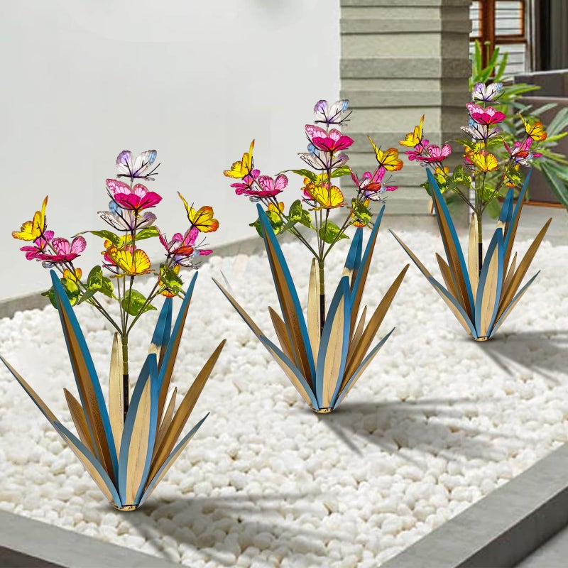 TOMBABY Garden Outdoor Butterfly Enlarge Thickened Wind Resistant Metal Agave Garden Art Metal Plant Country Sculpture Statue Decorations Ornaments Artificial Waterproof Butterflies(Blue 2pcs) - Image 1
