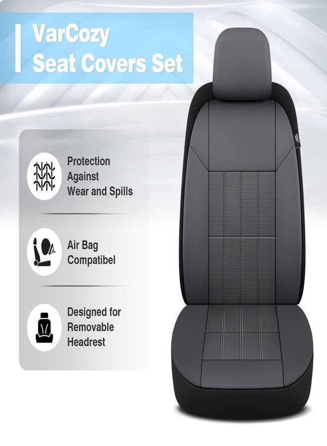 VarCozy Faux Leather Car Seat Covers Front Pair, Universal Front Seat Covers for Car, Breathable Seat Covers for SUV, Sedan, Van, Premium Automotive Interior Covers, Airbag Compatible, Grey - Image 2