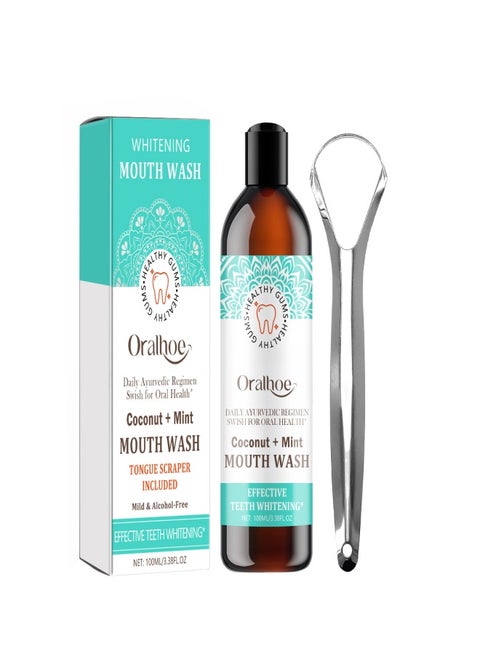 Oralhoe Mouthwash (100ml) with Coconut Oil and Peppermint Oil, with Tongue Scraper in Box - Natural, alcohol-free mouthwash for fresh breath, whitening teeth, healthier teeth and gums