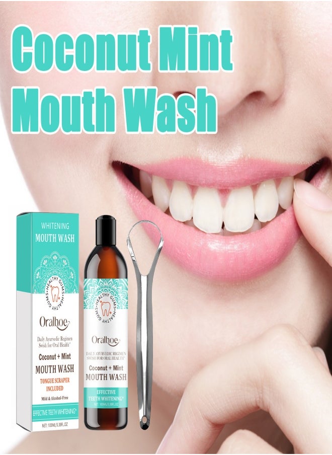 Oralhoe Mouthwash (100ml) with Coconut Oil and Peppermint Oil, with Tongue Scraper in Box - Natural, alcohol-free mouthwash for fresh breath, whitening teeth, healthier teeth and gums