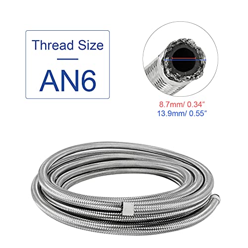 MOJTBE 20FT 6AN Fuel Line Hose AN6 3/8" Silver Stainless Steel Braided Universal CPE Tube Oil Fuel Gas Hose - Image 3