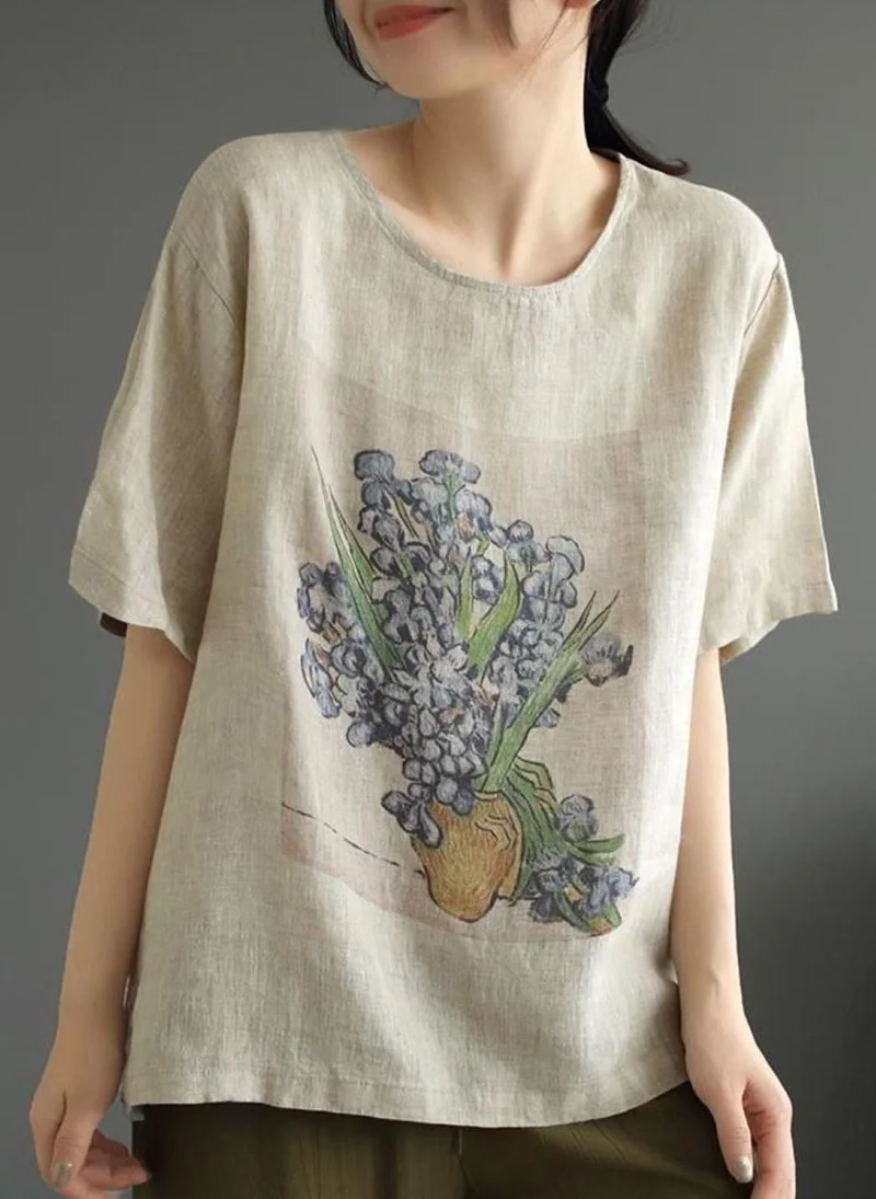YUNIQEE Beige Round Neck Short Sleeves Printed Top