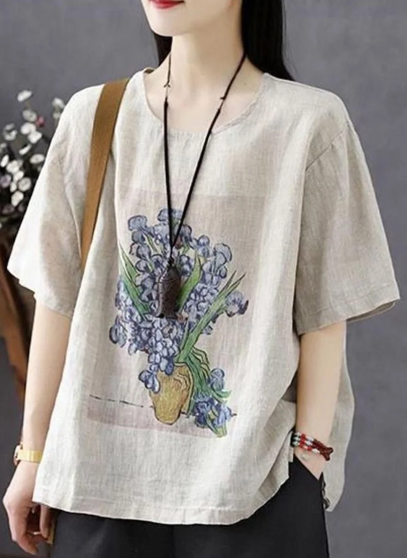 YUNIQEE Beige Round Neck Short Sleeves Printed Top