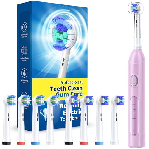 TEETHEORY Rotating Electric Toothbrush for Adults with 8 Brush Heads (2 Types), 4 Modes Deep Clean Electric Toothbrush with Rechargeable Power and 2 Min Smart Timer (6-Purple, p1) - Image 1