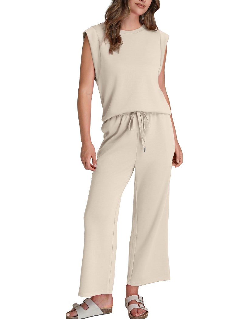 Sampeel Two Piece Set for Women Summer Cruise Travel Spring Outfits 2026 Beach Vacation Fashion Clothing Trendy Lounge Sets Matching Sets Airport Sweat Set Beige M - Image 2