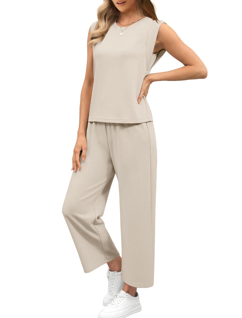 Sampeel Two Piece Set for Women Summer Cruise Travel Spring Outfits 2026 Beach Vacation Fashion Clothing Trendy Lounge Sets Matching Sets Airport Sweat Set Beige M - Image 3