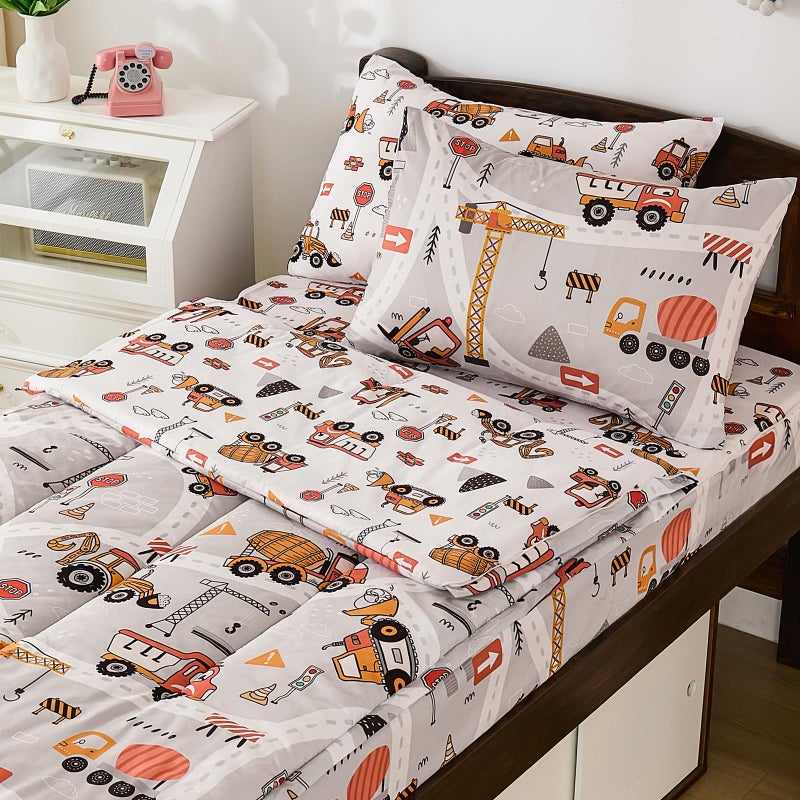 DJY Zipper Bedding Set Twin, Cars Bedding Sets for Boys, Kids Construction Comforter Set with Fitted Sheet Pillowcases, All in One Zipper Bed Set for All Seasons - Image 1