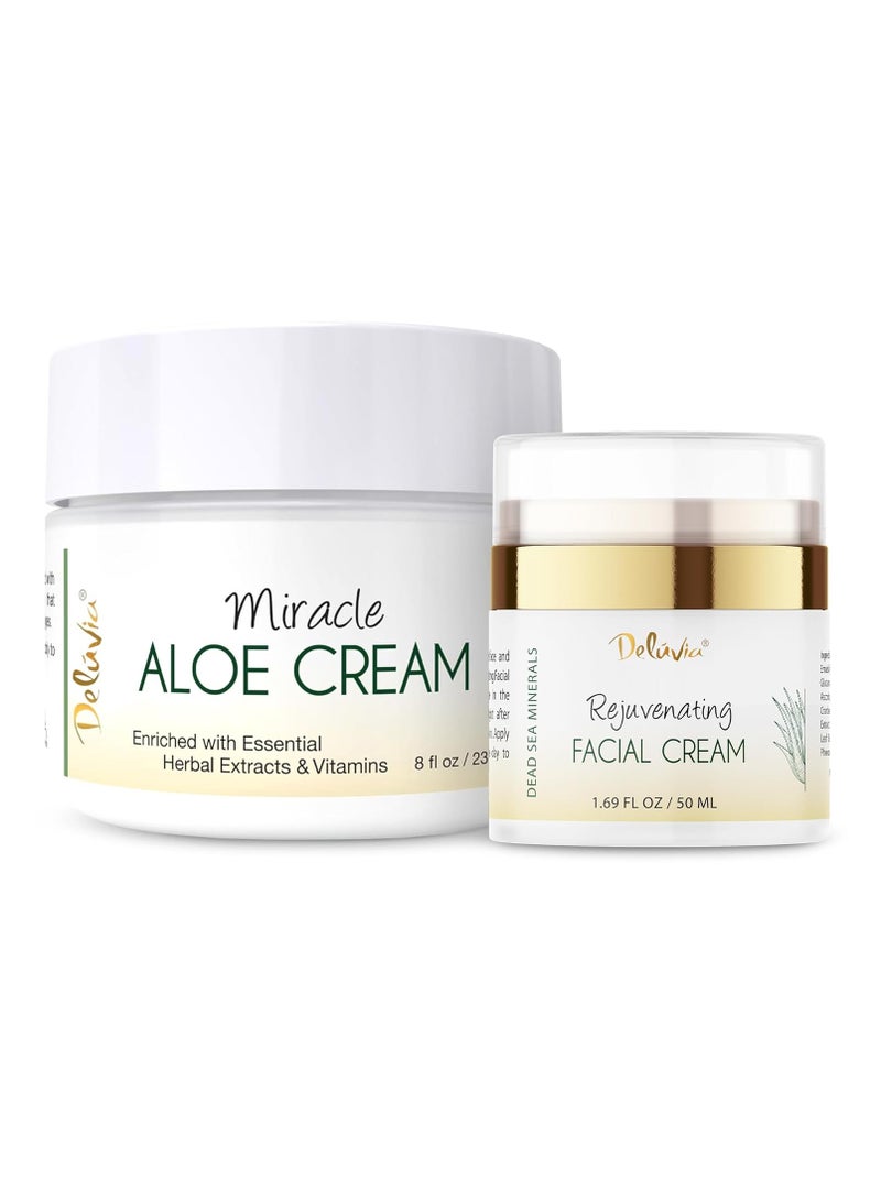 deluvia Ultimate Aloe Skincare Bundle – Miracle Aloe Cream 8 oz and Rejuvenating Face Cream 2 oz - Image 1