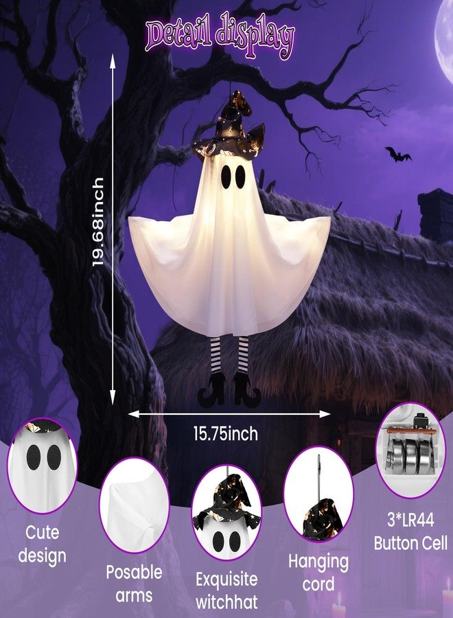 FIALAME Halloween Decorations Outdoor Indoor,4 Pack Hanging Ghosts Outdoor Halloween Decor,Cute Light Up Witches Hats Ghost Decorations with 3 Light Modes,DIY Arms,Perfect for Tree Porch Yard Window Ceiling - Image 2