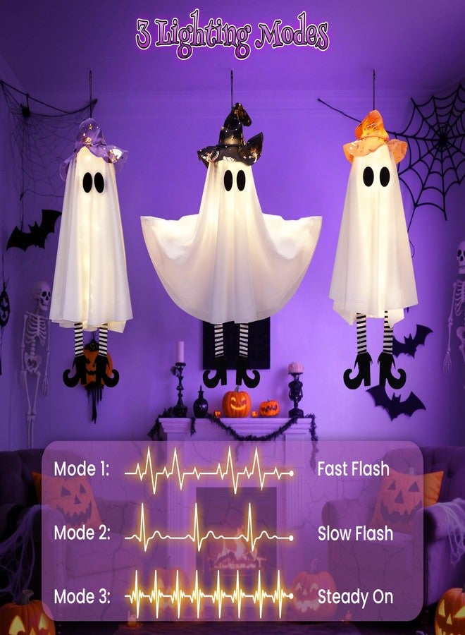 FIALAME Halloween Decorations Outdoor Indoor,4 Pack Hanging Ghosts Outdoor Halloween Decor,Cute Light Up Witches Hats Ghost Decorations with 3 Light Modes,DIY Arms,Perfect for Tree Porch Yard Window Ceiling - Image 3