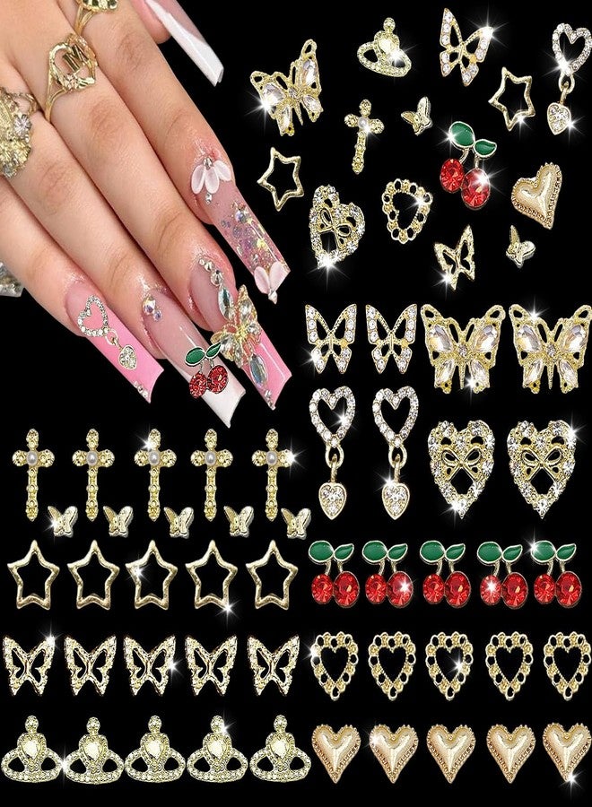KACHIMOO 48PCS Gold Nail Charms 3D Butterfly Cross Star Heart Cherry Nail Art Charms Nail Gems Gold Charms for Nails for Women Nail DIY Design - Image 1