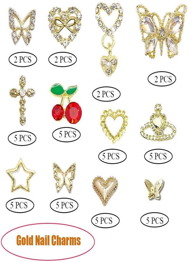 KACHIMOO 48PCS Gold Nail Charms 3D Butterfly Cross Star Heart Cherry Nail Art Charms Nail Gems Gold Charms for Nails for Women Nail DIY Design - Image 2