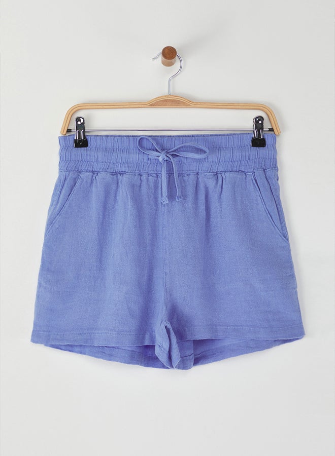 trendyol Blue 100% Linen Elastic Waist High Waist Shorts  - Image 5