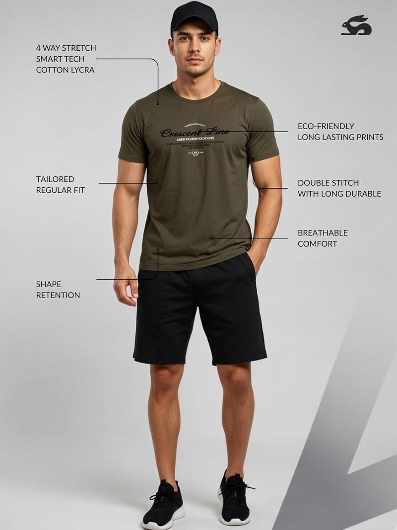 adro تي شيرت ADRO للرجال بقصة عادية - تصميم طباعة خط الهلال باللون الأخضر الزيتوني - Image 3