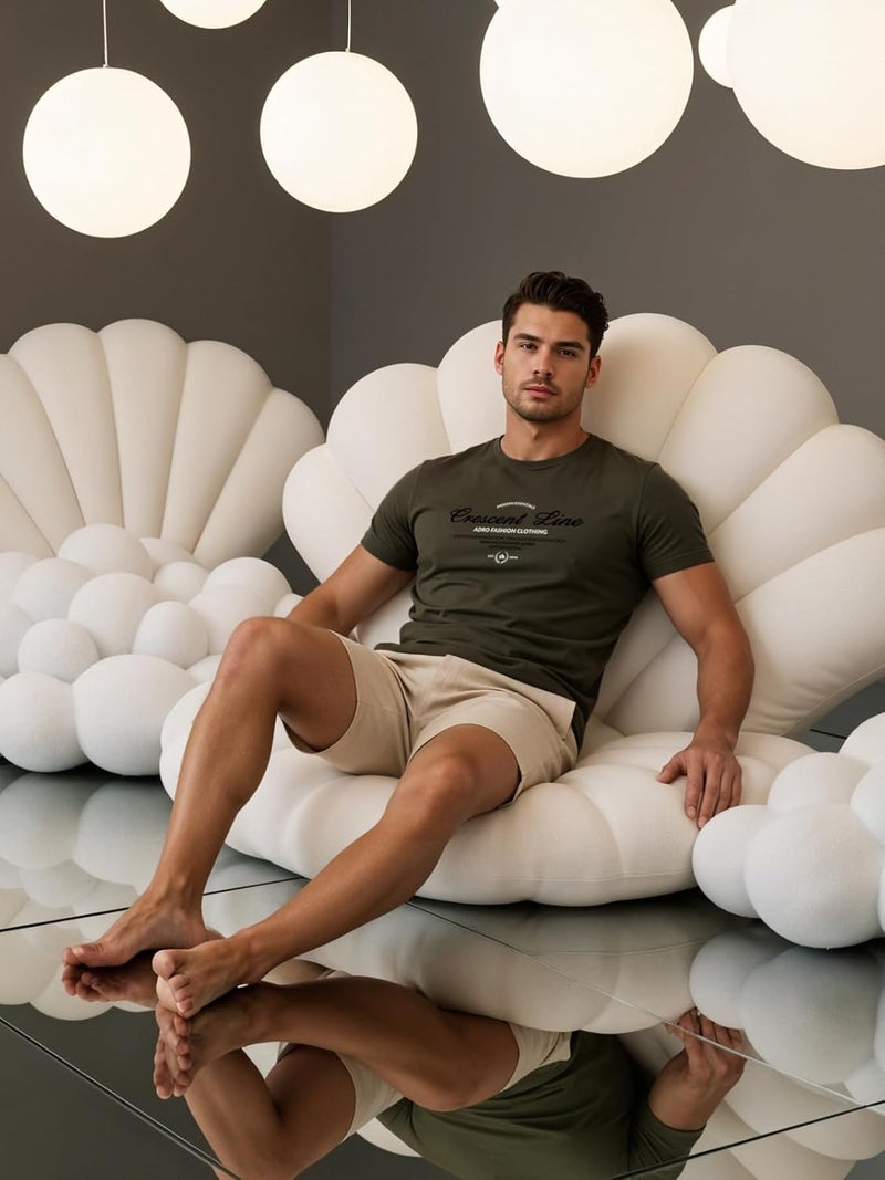 adro تي شيرت ADRO للرجال بقصة عادية - تصميم طباعة خط الهلال باللون الأخضر الزيتوني - Image 5