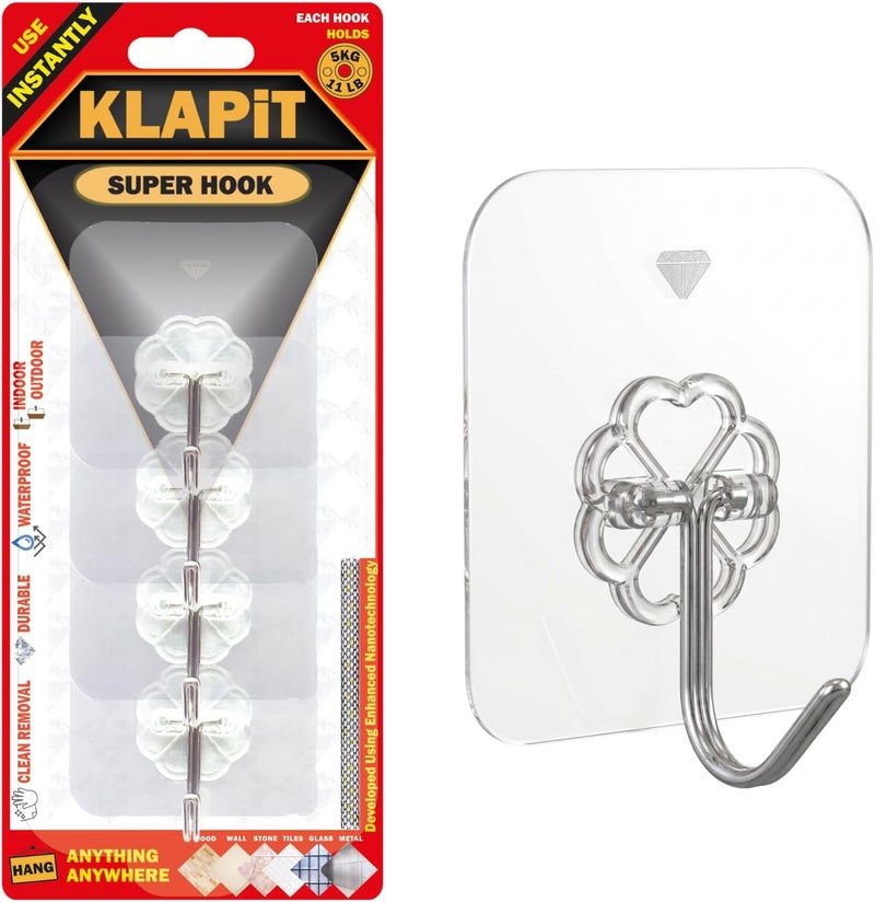 KLAPiT Cost effective fine quality SUPER HOOK Heavy Duty Adhesive, Holds 11 pounds or 5Kg Weight, Waterproof and Damage Free for Wall, Tile, Wood, Stone, Glass, Metal, Made of Steel (Clear, 4 pc) Upgraded classic design - Image 1