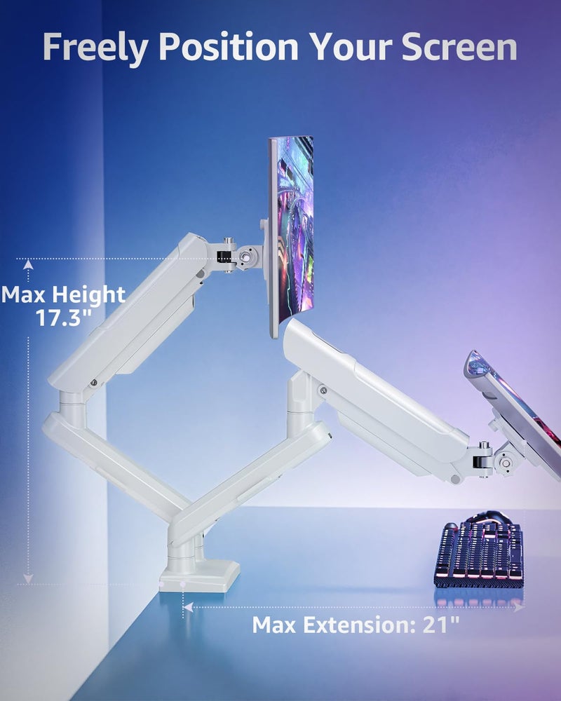 MOUNTUP Dual Monitor Mount for 13-32 inch Screens, Gas Spring Arm for 2 Monitor, Full Adjustable Mount with C-Clamp＆Grommet Base, Each Arm Holds Max 22 lbs, Freelift Pro White - Image 4