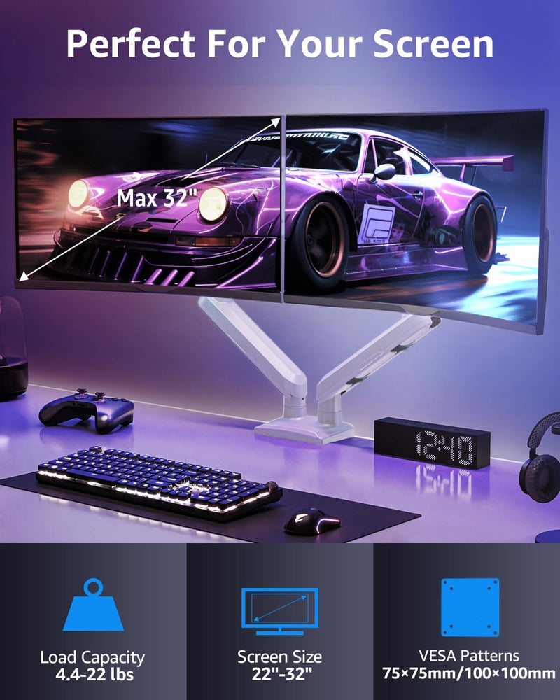 MOUNTUP Dual Monitor Mount for 13-32 inch Screens, Gas Spring Arm for 2 Monitor, Full Adjustable Mount with C-Clamp＆Grommet Base, Each Arm Holds Max 22 lbs, Freelift Pro White - Image 2