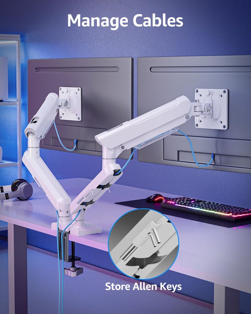 MOUNTUP Dual Monitor Mount for 13-32 inch Screens, Gas Spring Arm for 2 Monitor, Full Adjustable Mount with C-Clamp＆Grommet Base, Each Arm Holds Max 22 lbs, Freelift Pro White - Image 5