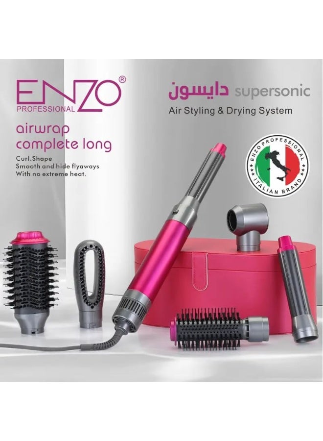 ENZO Professional إنزو EN-4133 فرشاة مجفف الشعر 6 في 1 ومصفف متعدد - مجفف هواء ساخن أيوني، مكواة شعر، مكواة تجعيد وفرشاة لتكثيف الشعر - كورال بينك - النسخة الدولية - Image 1