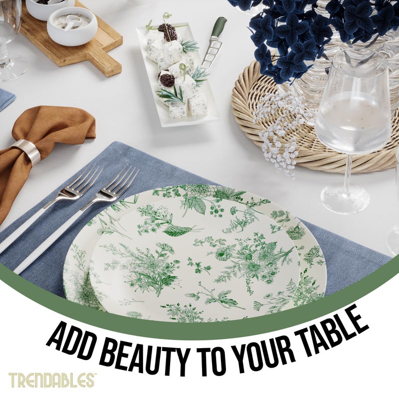 Trendables 80 Piece Plastic Disposable Plates Set For 40 Guests I 40 X 8 Inch Dessert Plates & 40 X 10 Inch Wedding Party Plates | Ivory & Green Verdure Design - Image 5