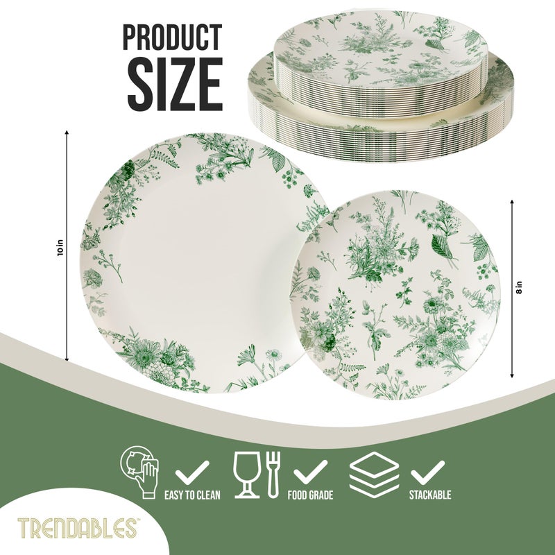 Trendables 80 Piece Plastic Disposable Plates Set For 40 Guests I 40 X 8 Inch Dessert Plates & 40 X 10 Inch Wedding Party Plates | Ivory & Green Verdure Design - Image 2