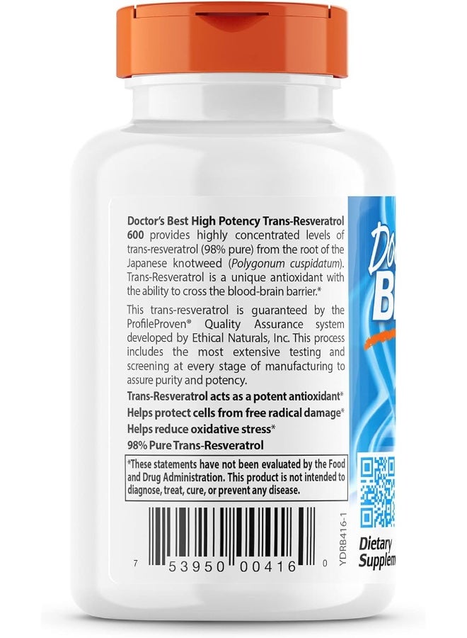 Doctor's Best Trans-Resveratrol 600, Non-GMO, Vegan, Gluten Free, Soy Free, 600 mg, 60 Veggie Caps - Image 3