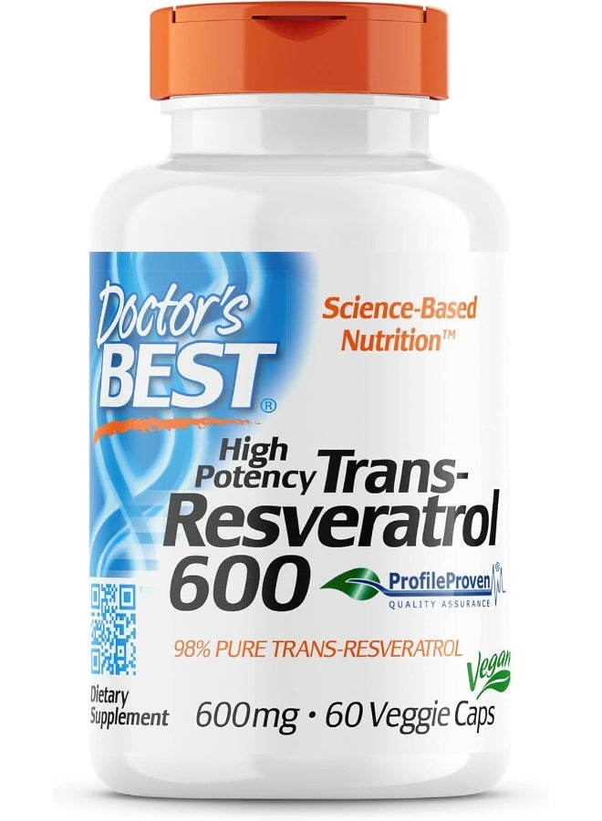 Doctor's Best Trans-Resveratrol 600, Non-GMO, Vegan, Gluten Free, Soy Free, 600 mg, 60 Veggie Caps - Image 1
