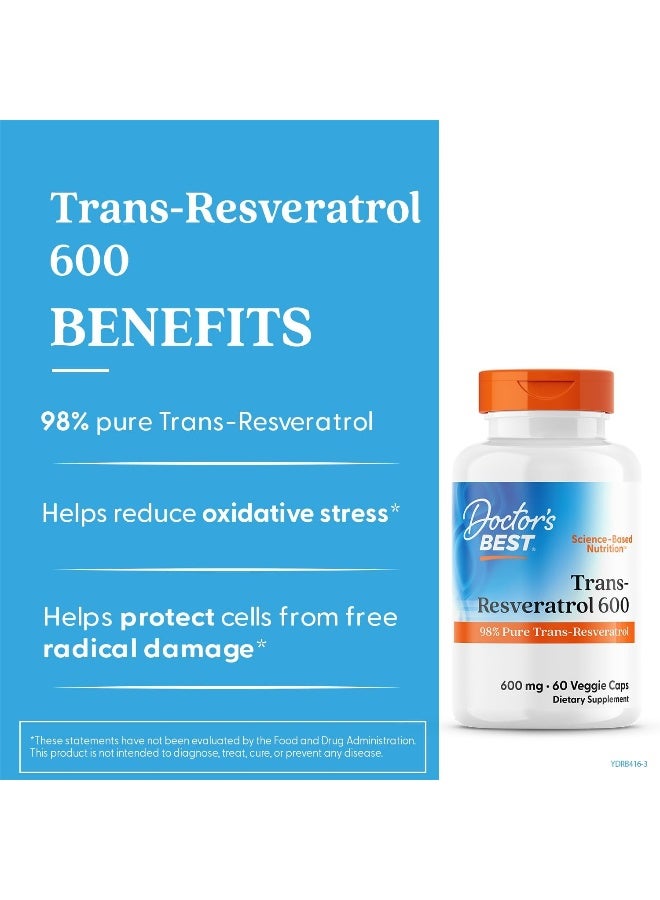 Doctor's Best Trans-Resveratrol 600, Non-GMO, Vegan, Gluten Free, Soy Free, 600 mg, 60 Veggie Caps - Image 2