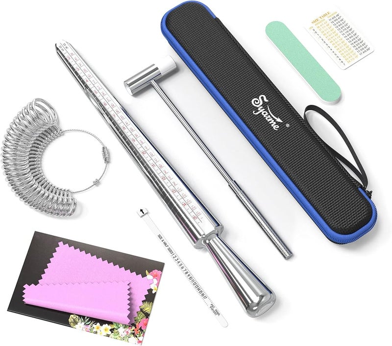 Syarme Ring Sizer Measuring Tool Metal Combination Suit for Finger Sizing Measuring,Jewelry Making,Ring Deformation Correction US Size 0-13 Attached Special Storage Box,Maintenance Hammer and Polished Rod - Image 1