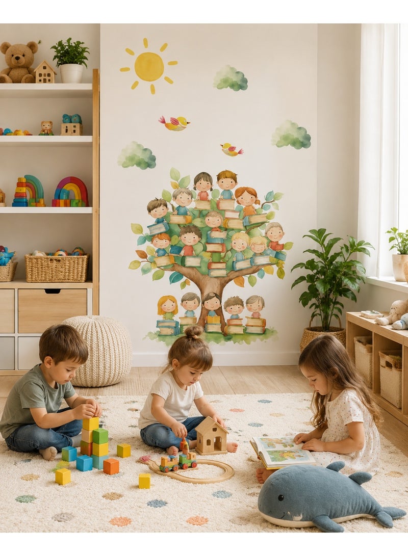 ملصق حائط برسمة شجرة الكتب والأطفال بتصميم مائي لطيف، مثالي لتزيين غرف لعب الأطفال والحضانة بطريقة تعليمية ومرحة. - Image 1