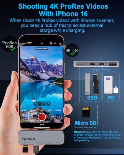TWOPAN USB C iPhone Hub for ProRes Video Recording - Ultra-Slim Aluminum USB 3.2, Dual USB-C, Micro SD, and Charging Port Hub for iPhone 17/16/15 Pro/Pro Max - Image 2