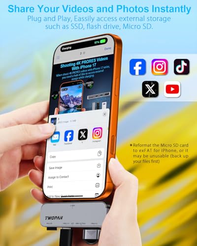 TWOPAN USB C iPhone Hub for ProRes Video Recording - Ultra-Slim Aluminum USB 3.2, Dual USB-C, Micro SD, and Charging Port Hub for iPhone 17/16/15 Pro/Pro Max - Image 4