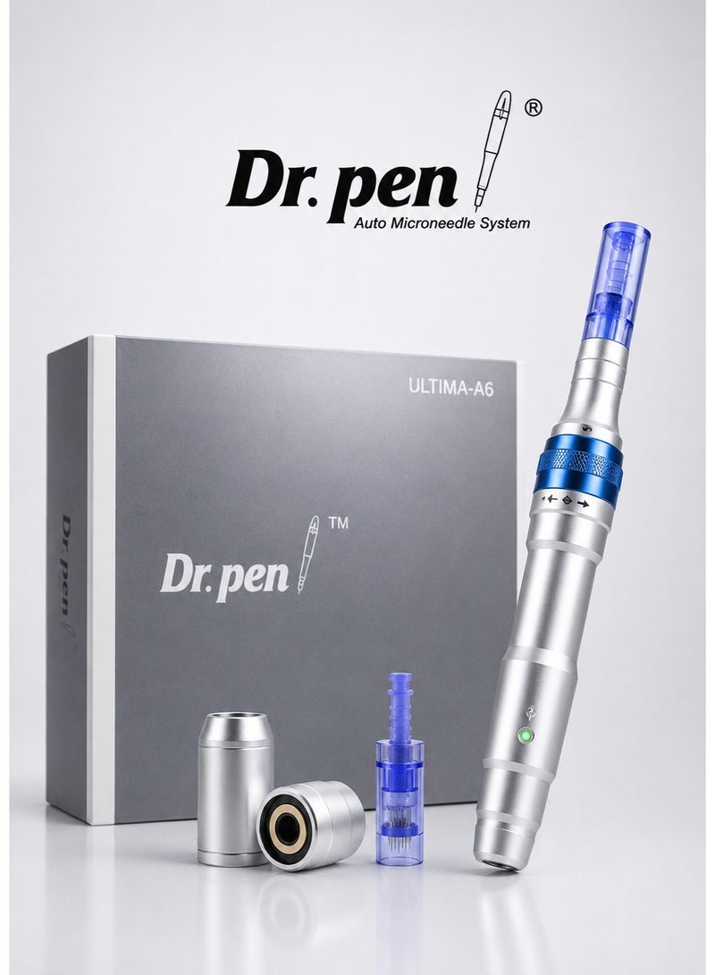 دي آر. بن جهاز ديرما بن Dr. Pen Ultima A6 الكهربائي – ميكرونيدلنج لتحفيز الكولاجين وتجديد البشرة، يساعد على تقليل الندبات وآثار حب الشباب والمسام الواسعة – جهاز عناية بالوجه للاستخدام المنزلي والاحترافي – فضي 15 سم - Image 1