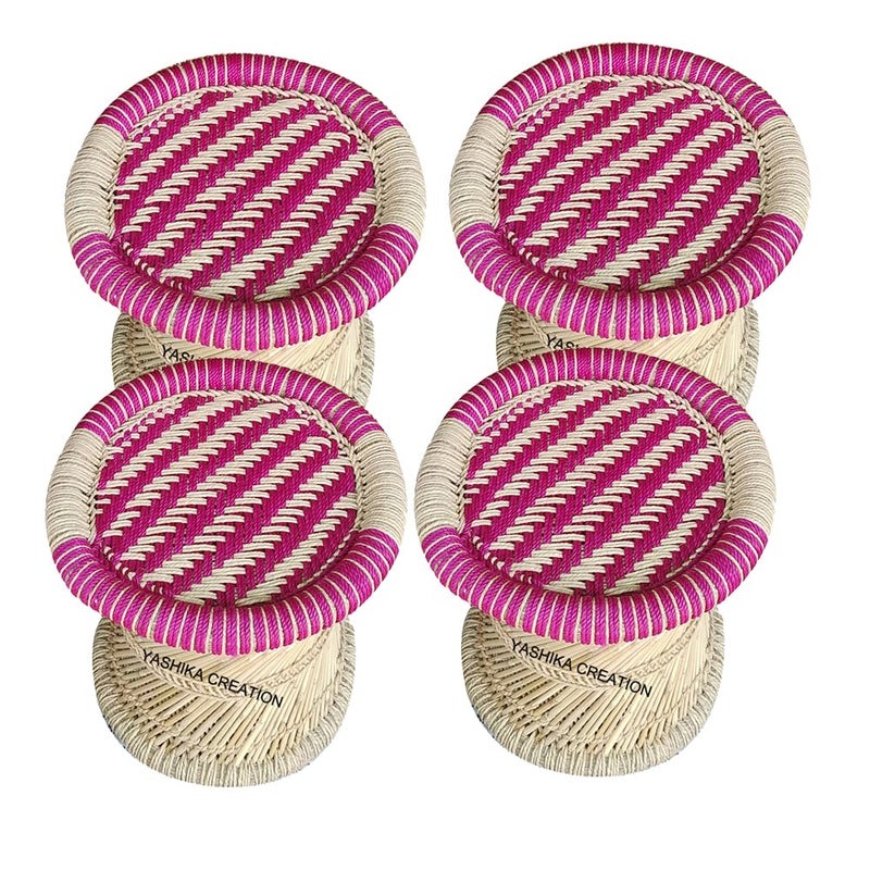 YASHIKA CREATION YASHIKA CREATION Handicraft Bamboo Cane Bar Stool Mudda Chair Natural IndoorOutdoor Furniture Lightweight Durable MultiFunctional Suitable for Home Balcony Garden Lahar Pink Pack of 4 - Image 1
