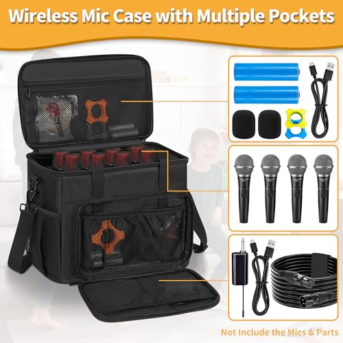 IBVIVIC 8 Slots Wireless Microphone Case with Foam, 1680D Heavy Duty Oxford Fabric Microphone Bag with Shoulder Strap, Black - Image 4