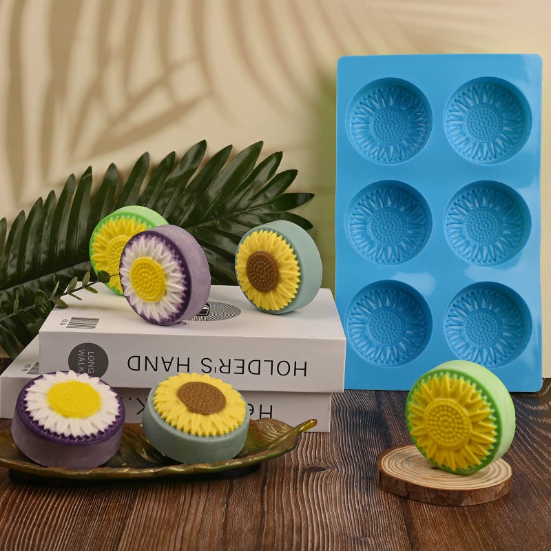 Actvty Round Sunflower Soap Molds, 2 Pack 6 Cavity Cylinder Daisy Flower Silicone Molds for Making Hot Chocolate Bomb, Cake, Jelly, Soap, Lotion Bars - Image 3
